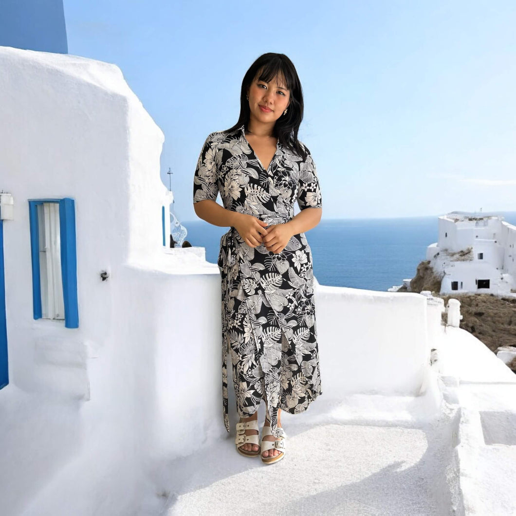 Virgie black + White tropical print wrap jumpsuit/dress.