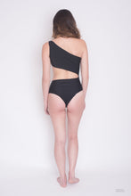 Load image into Gallery viewer, Black Momilani assymetrical one piece with key hole.
