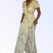 Load image into Gallery viewer, Light yellow cherry blossom print short sleeve maxi wrap dress.
