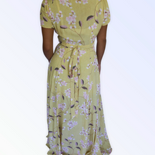 Load image into Gallery viewer, Light yellow cherry blossom print short sleeve maxi wrap dress.
