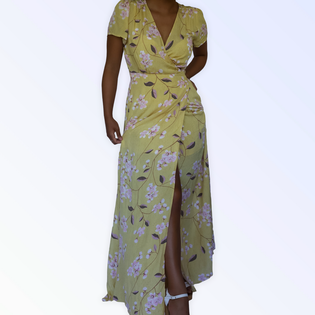 Light yellow cherry blossom print short sleeve maxi wrap dress.